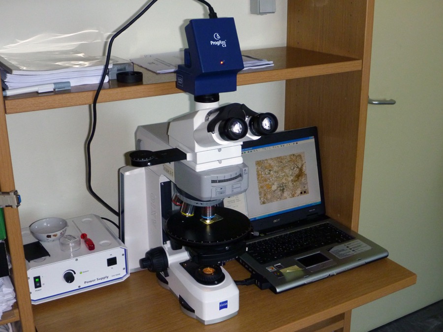 Poralizing microscope (Zeiss AxioScopeA1) and digital camera (Jenoptic ProgRes C3)